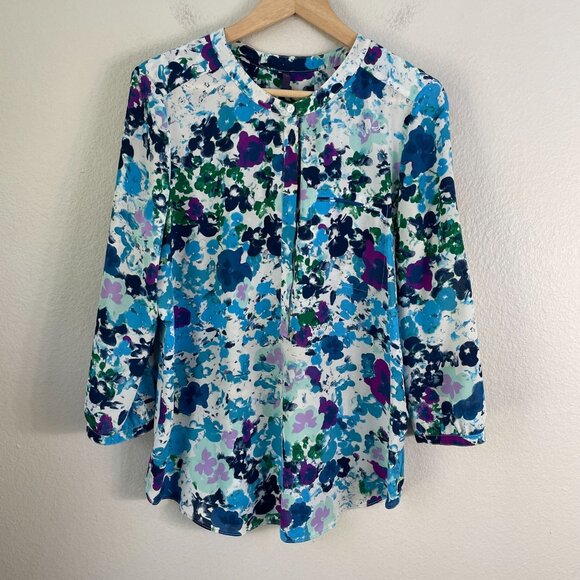 NYDJ Womens Medium Floral Splatter Blouse 3/4 Sleeve Shirt Pleated Back Blouse - Picture 1 of 7